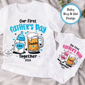 Personalised Our First Father’s Day Matching T-Shirt & Baby Onesie Bottle & Beer