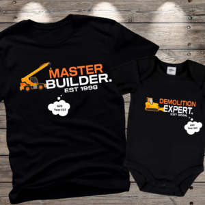 Personalised Master Builder & Demolition Expert T-Shirt and Baby Onesie