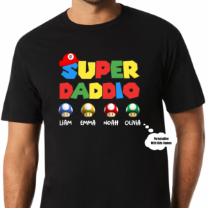 Personalised Super Daddio Gamer Dad T-Shirt – Custom Kids’ Names Father’s Day Gift
