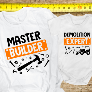 Matching Father’s Day T-Shirt & Baby Onesie – Master Builder & Demolition Expert