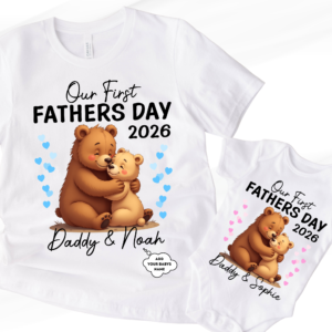Personalised Our First Father’s Day Matching T-Shirt & Baby Onesie Cute Bear Design