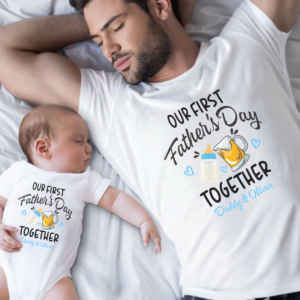 Best-Selling Personalised First Father’s Day T-Shirt & Baby Onesie – Beer and Baby Bottle Design