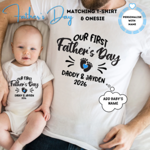 Personalised First Father’s Day T-Shirt & Baby Onesie – Daddy and Baby Names