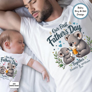Personalised First Father’s Day Koala T-Shirt & Baby Onesie – Dad and Baby Gift