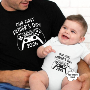 Personalised First Father’s Day Gamer T-Shirt & Baby Onesie – Daddy and Baby Gift