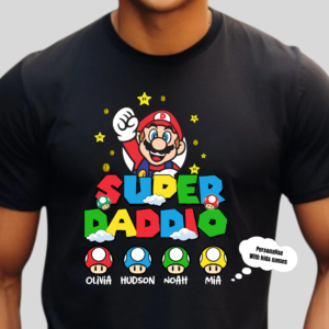 Personalised Super Daddio Gamer Dad T-Shirt – Custom Kids’ Names Father’s Day Gift (Copy)
