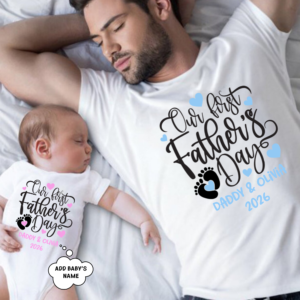 Personalised First Father’s Day T-Shirt & Baby Onesie – Daddy and Baby Name